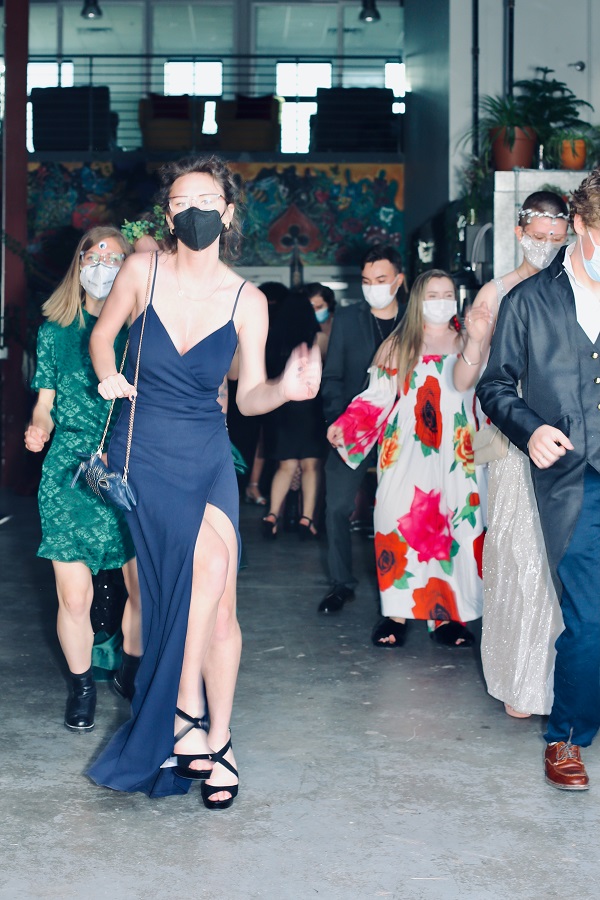 A group of students line dancing at Prom.